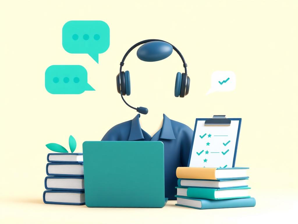 Ilustración del equipo de soporte de NumiGo con auriculares y checklist