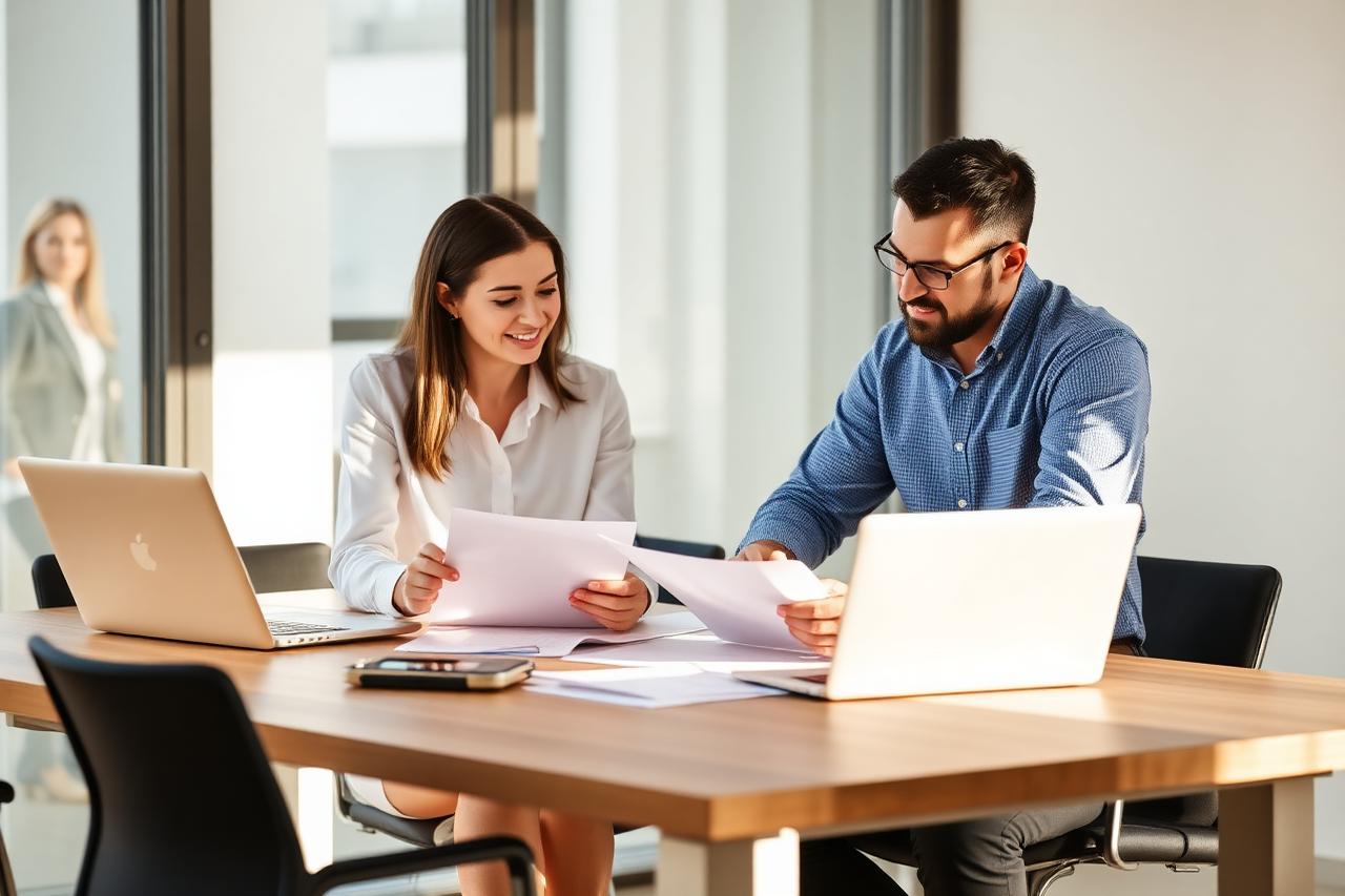 Dos asesores contables revisando documentación de clientes en la oficina