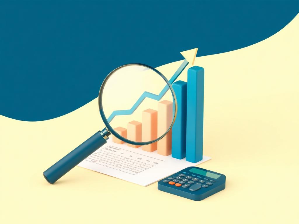 Ilustración 3D de una lupa sobre un gráfico de barras y una calculadora